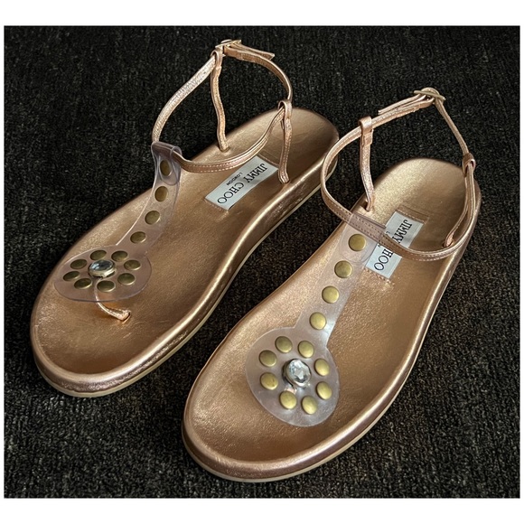 Jimmy Choo  Metallic Rose Gold  Thong Sandals with Rhinestone/Gold Studs Size 7 - Picture 1 of 13